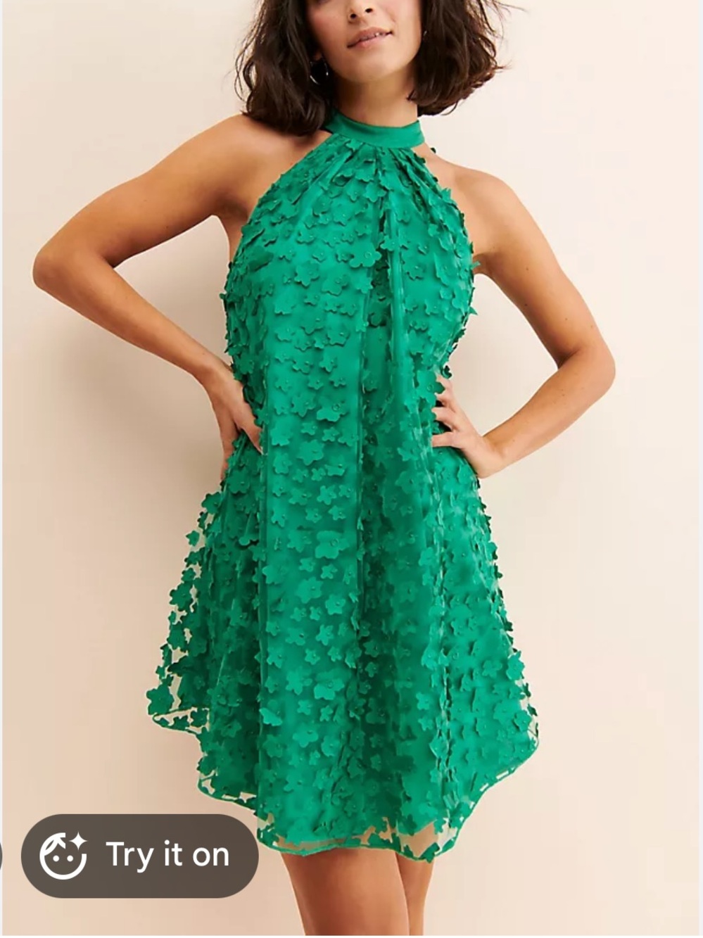 Eva Franco Green Floral Appliqué Halter Mini Dress